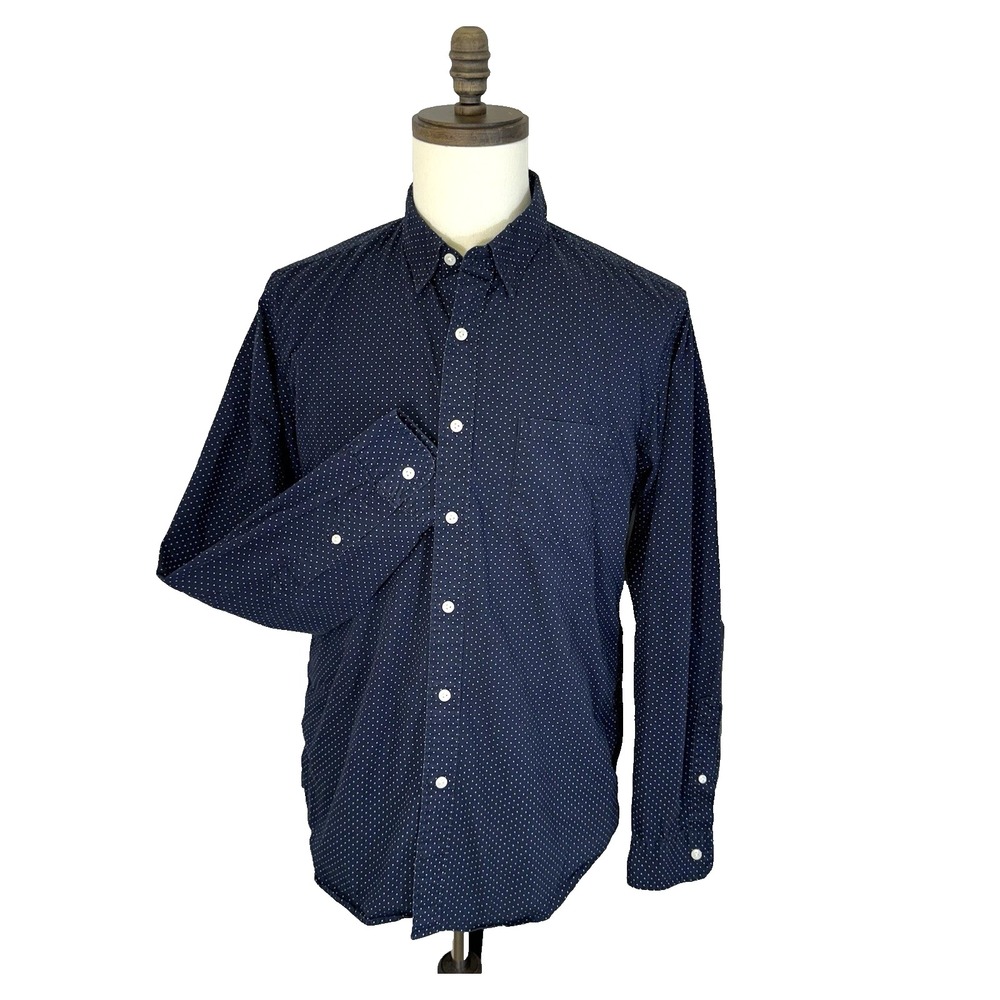 J. Crew Men's Button Down Shirt Large Navy Polka Dot‎ 100% Cotton Preppy Office
